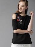 Here&now Black Solid Cold Shoulder Top Women