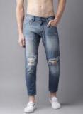 Here&now Blue Ankle Length Mid Rise Slim Tapered Fit Blue Slash Knee Jeans Men