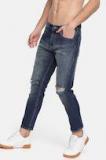 Here&now Blue Ankle Slim Fit Mid Rise Slash Knee Stretchable Jeans Men