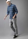 Here&now Blue Regular Fit Checked Chambray Casual Shirt Men