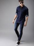 Here&now Blue Regular Fit Solid Denim Casual Shirt Men