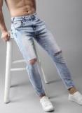 Here&now Blue Slim Fit Mid Rise Slash Knee Stretchable Jeans Men