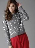 Here&now Grey Melange & White Self Design Pullover Sweater Women