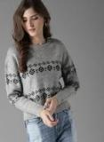 Here&now Grey Melange Self Design Pullover Sweater Women