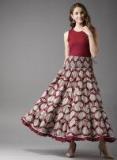 Here&now Maroon & Beige Printed Tiered Maxi Flared Skirt Women