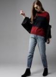 Here&now Maroon & Navy Blue Colourblocked Pullover Sweater Women