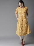 Here&now Mustard Yellow & Brown Checked A Line Kurta Women