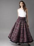 Here&now Navy Blue & Maroon Printed Tiered Maxi Flared Skirt Women