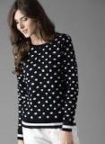 Here&now Navy Blue & White Self Design Pullover Sweater Women