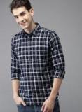 Here&now Navy Blue Regular Fit Checked Casual Shirt men