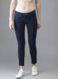 Here&now Navy Blue Skinny Fit Mid Rise Clean Look Stretchable Cropped Jeans Women