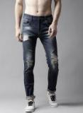 Here&now Navy Blue Slim Fit Mid Rise Highly Distressed Stretchable Jeans Men