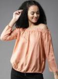 Here&now Peach Coloured Solid Bardot Top Women