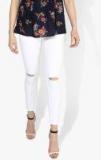 Here&now White Skinny Fit Solid Denim Trousers Women