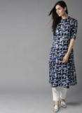 HERE&NOW Women Navy Blue & Off White Printed Straight Kurta