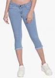 High Star Blue Solid Slim Fit Capri Women