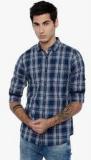 Highlander Navy Blue Checked Slim Fit Casual Shirt Men