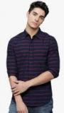 Highlander Navy Blue Striped Slim Fit Casual Shirt Men