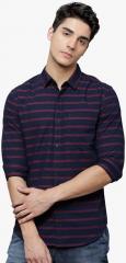 Highlander Navy Blue Striped Slim Fit Casual Shirt men