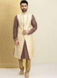 House Of Pataudi Cream Coloured & Brown Ven Design Straight Kurta Men