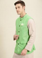 House Of Pataudi Green Solid Nehru Jacket men