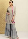 House Of Pataudi Grey & Pink Printed Kurta With Sharara & Dupatta women