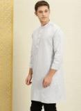 House Of Pataudi Grey Solid Linen Blend Pleated Bib Straight Kurta Men