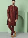 House Of Pataudi Maroon Self Design Kurta With Churidar Men