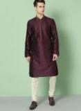 House Of Pataudi Men Burgundy & Off White Self Design Kurta With Churidar