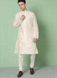 House of Pataudi Men Cream Coloured Woven Design Straight Kurta