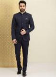 House Of Pataudi Men Navy Blue Striped Bandhgala Ethnic Suit