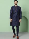 House Of Pataudi Navy Blue Self Design Kurta With Churidar Men