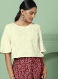 House Of Pataudi Off White Self Design Boxy Top Women