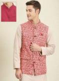 House Of Pataudi Red & White Printed Reversible Nehru Jacket Men