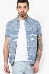 Incult Blue Aztec Printed Light Wash Denim Shirt With Short Sleeves Men