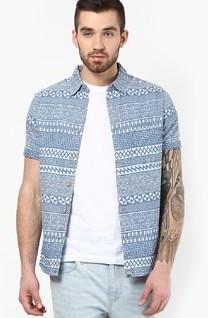 Incult Blue Aztec Printed Light Wash Denim Shirt With Short Sleeves men