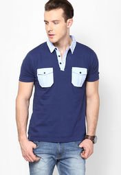 Incult Navy Blue Printed Collar Polo T Shirt With Printed Pockets Men