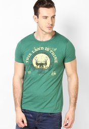 Incult Smart Green Printed Crew Neck T Shirt Men