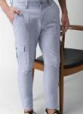 Invictus Blue & White Regular Fit Self Design Formal Trousers Men