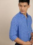 Invictus Blue & White Slim Fit Checked Smart Casual Linen Shirt Men