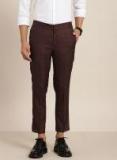 Invictus Maroon Slim Fit Self Design Smart Casual Regular Cropped Trousers Men