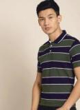 Invictus Navy Blue & Green Striped Slim Fit Polo Collar T Shirt Men