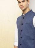 Invictus Navy Blue Solid Slim Fit Nehru Jacket Men