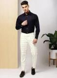 Invictus White Checked Slim Fit Formal Trousers Men