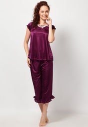 Ishin 2 Pc Solid Purple Satin Nightwear Women