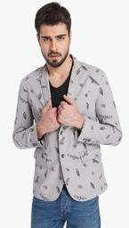 Jack & Jones Grey Printed Slim Fit Jackets & Blazer Men