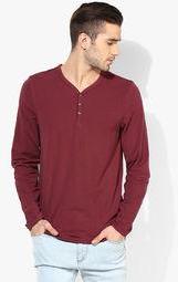 Jack & Jones Maroon Solid Slim Fit Henley T Shirt men