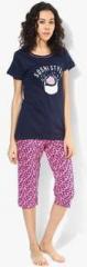 July Nightwear Navy Blue Printed Capri Set women