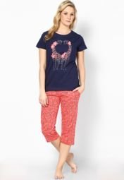 July Nightwear Navy Blue Printed Nightwear Capri & Top Set Women