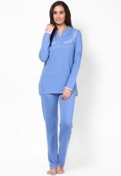 Kanvin Forever Blue Floral Embroidary Nightwear Set Women